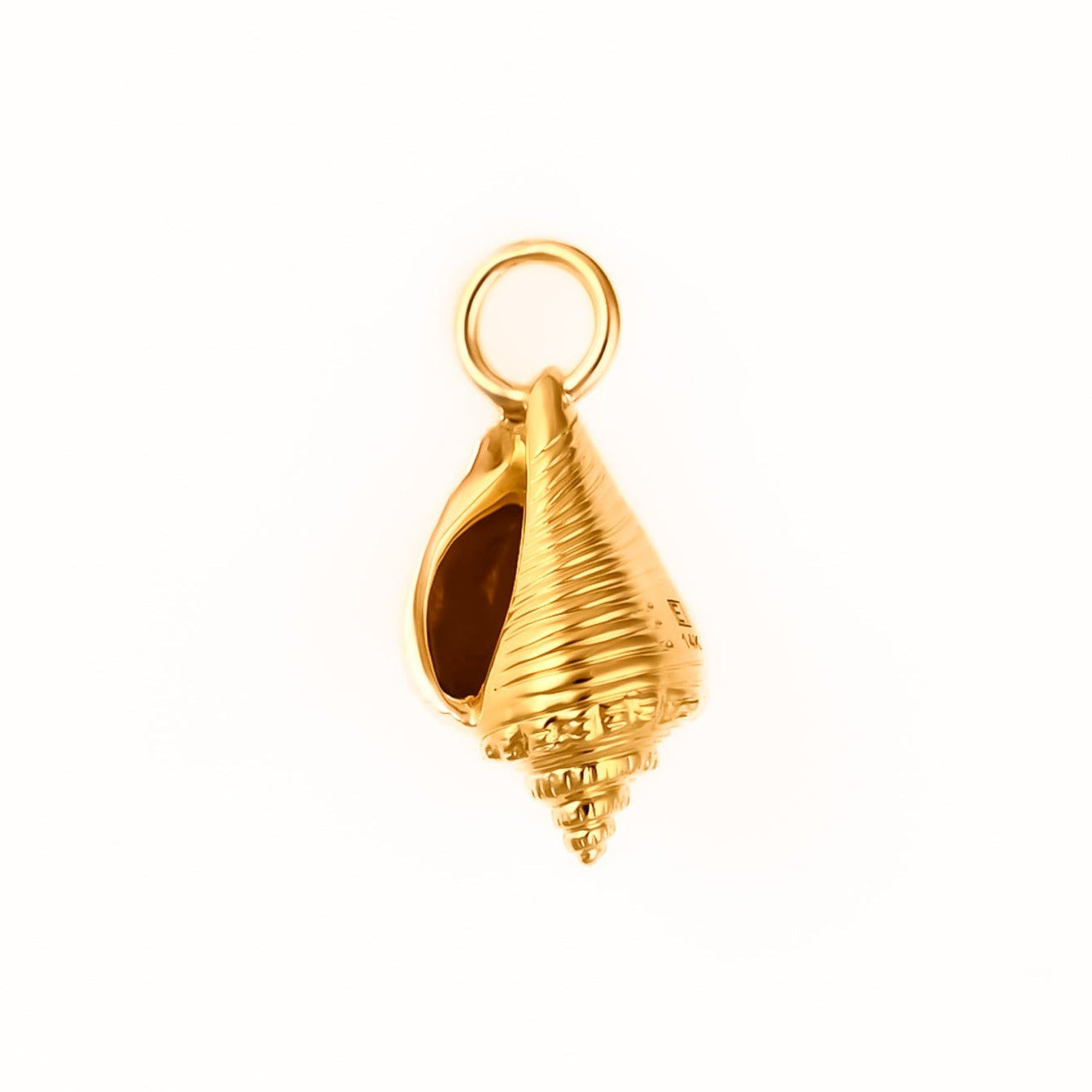 A small gold conch shell charm with a spiral shell design and a top loop, shown on a plain white background.
