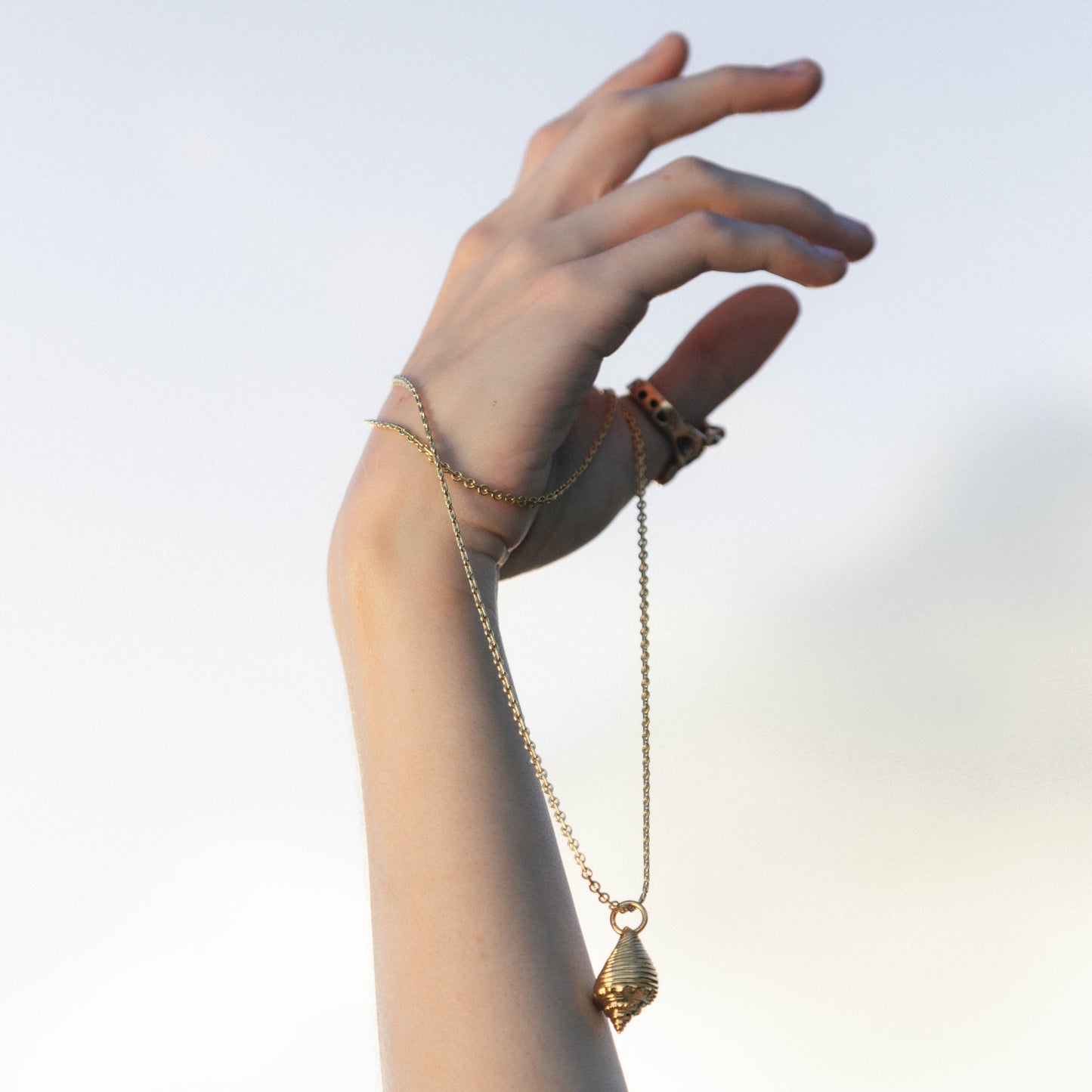 A gold chain necklace with a small shell-shaped pendant is draped over a person's hand and wrist against a soft, pale sky background.