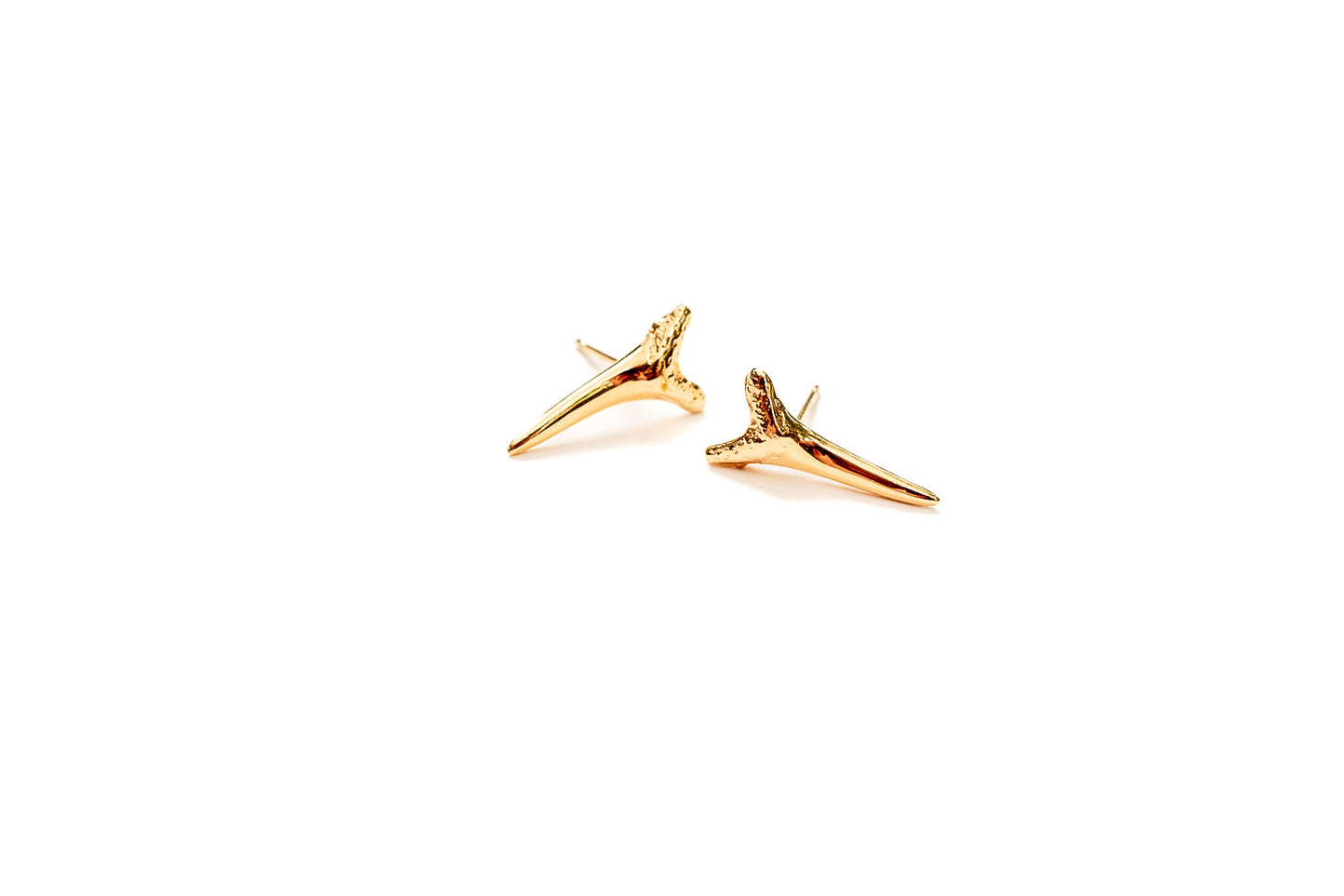 Model wearing 14K gold shark tooth statement stud earrings
