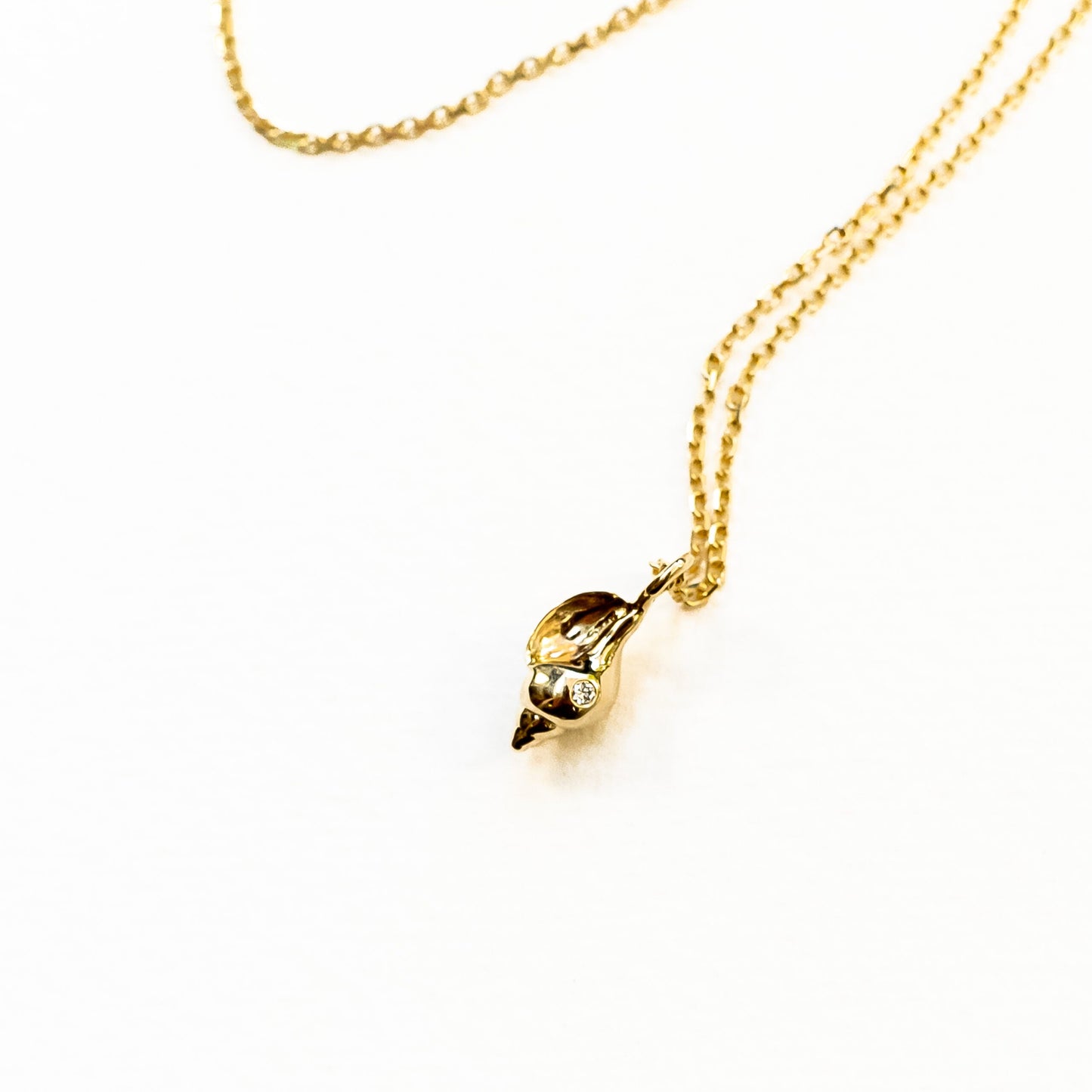 Close-up of tulip shell pendant showing spiral chamber design and diamond setting